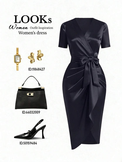 Women's Satin Wrap V-Neck Midi Dress, Silky Dress for Wedding Guest and Evening - Burgundy
