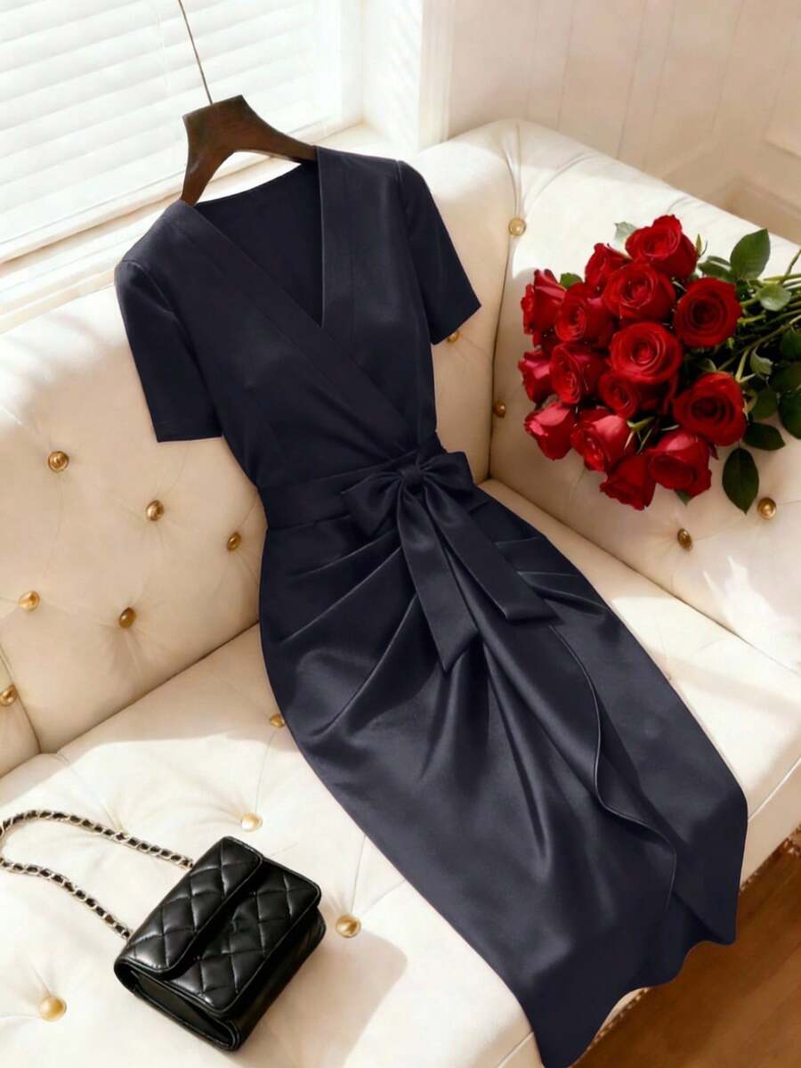 Women's Satin Wrap V-Neck Midi Dress, Silky Dress for Wedding Guest and Evening - Burgundy