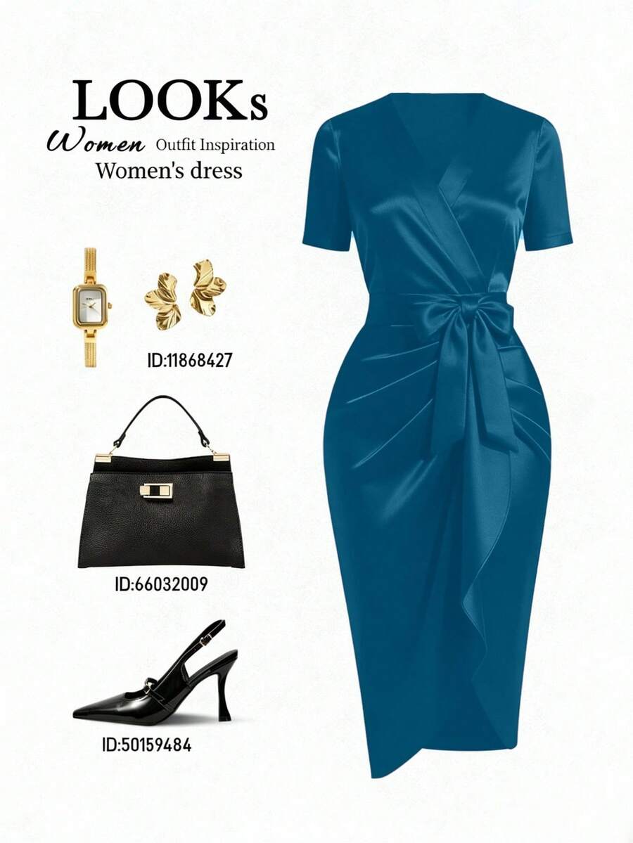 Women's Satin Wrap V-Neck Midi Dress, Silky Dress for Wedding Guest and Evening - Burgundy
