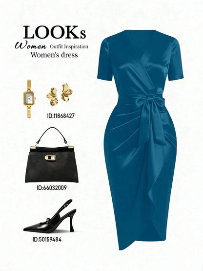 Women's Satin Wrap V-Neck Midi Dress, Silky Dress for Wedding Guest and Evening - Burgundy