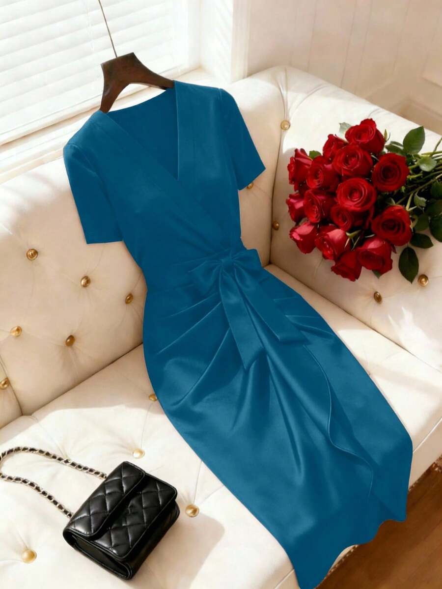 Women's Satin Wrap V-Neck Midi Dress, Silky Dress for Wedding Guest and Evening - Burgundy