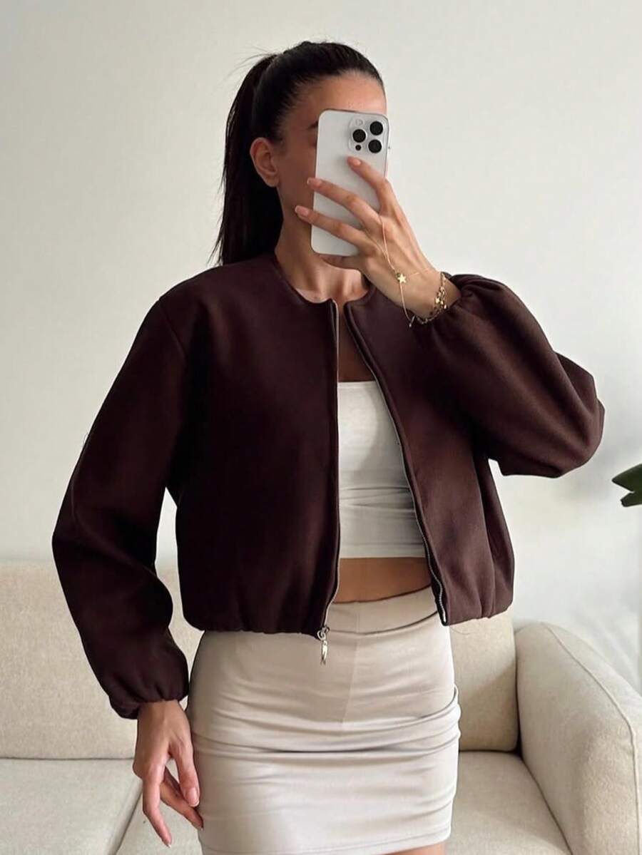 Lillehammer Wool Look Zip Up Cropped Bomber Jacket