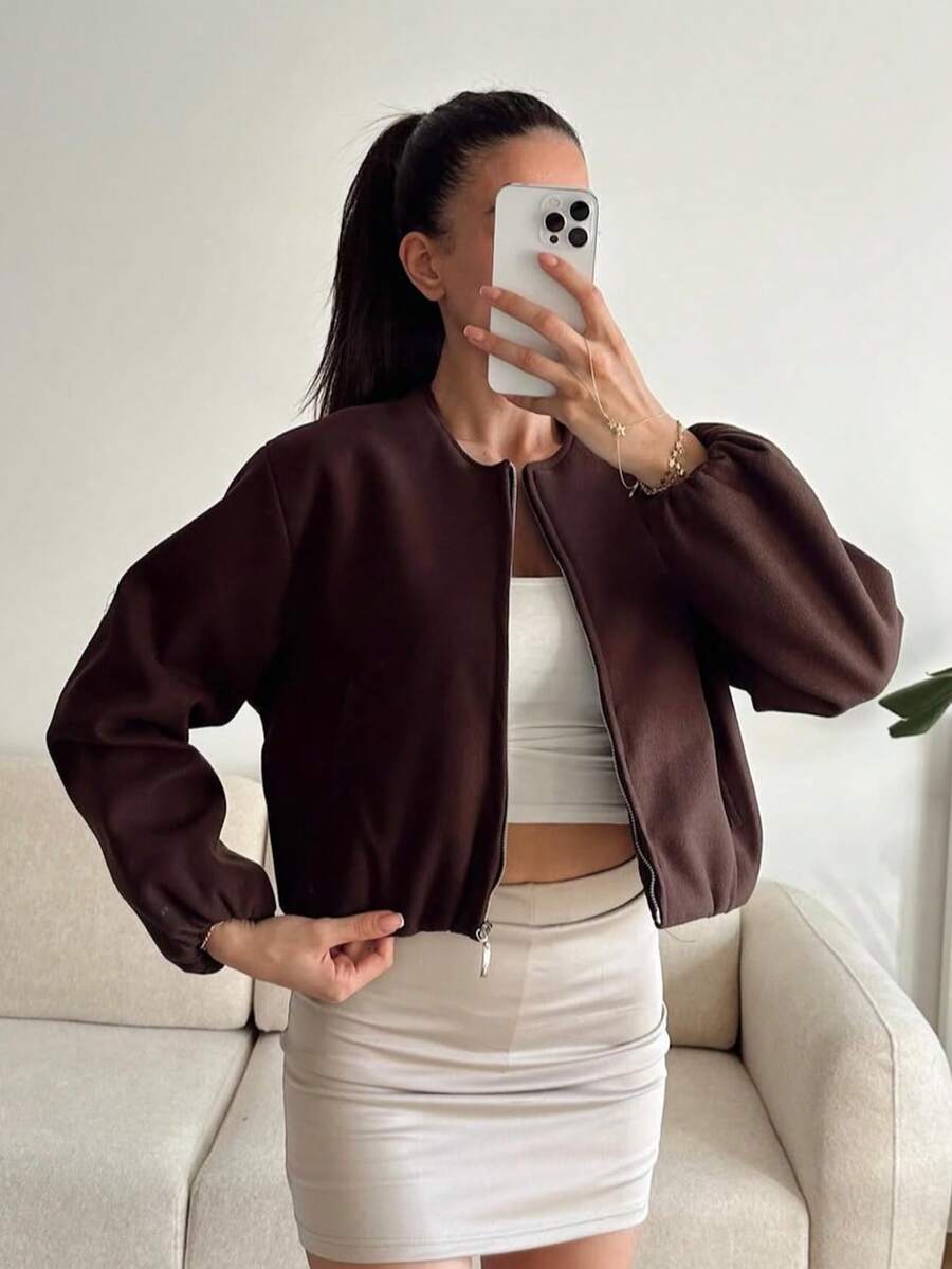 Lillehammer Wool Look Zip Up Cropped Bomber Jacket