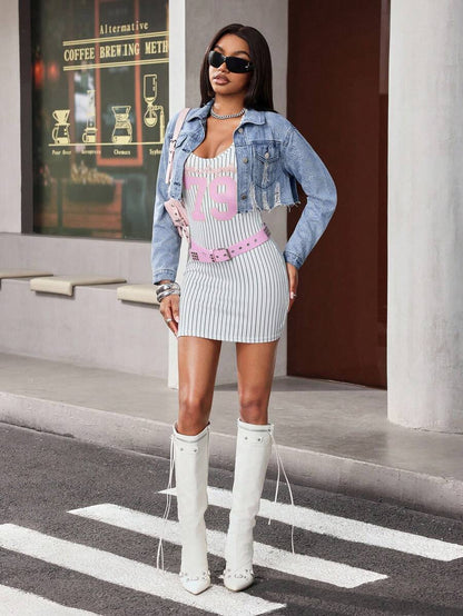 Hazel Distressed Crop Button Denim Jacket - Multicolor