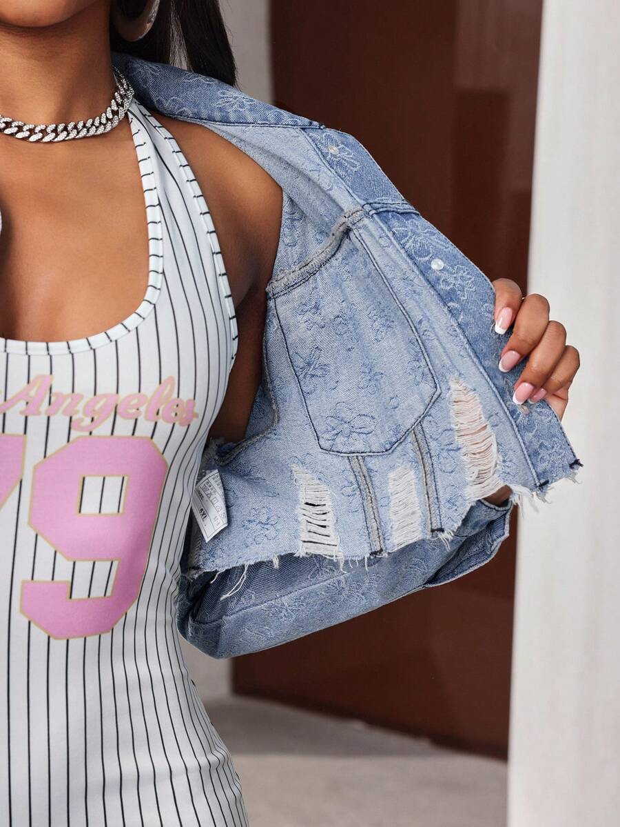 Hazel Distressed Crop Button Denim Jacket - White