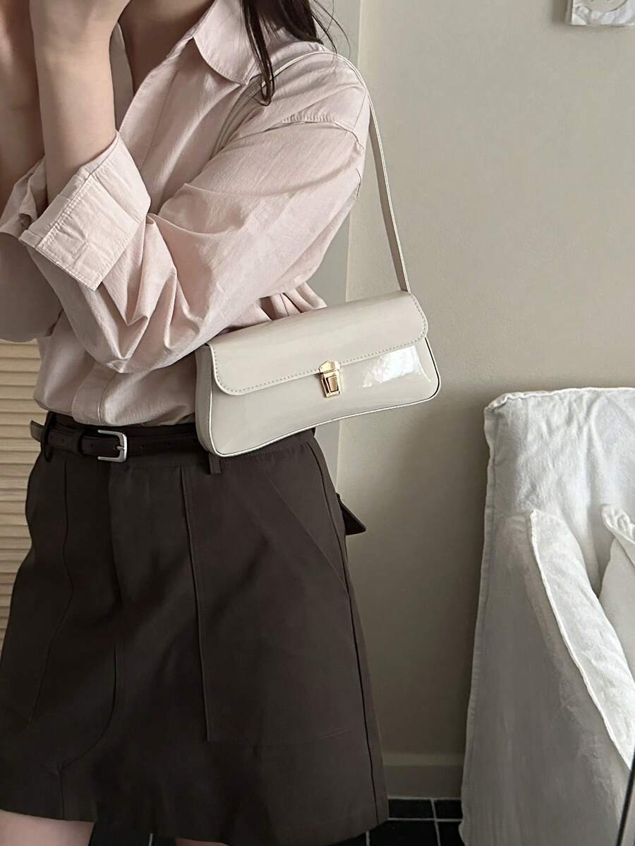 Women's Coffee Brown Shoulder Bag Quiet Luxury Metal Decor Small Underarm Purse - White