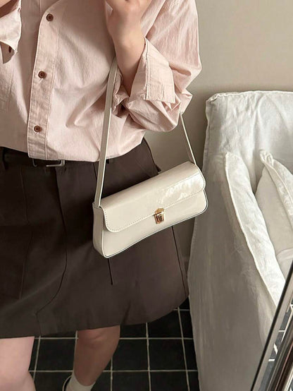 Women's Coffee Brown Shoulder Bag Quiet Luxury Metal Decor Small Underarm Purse - White