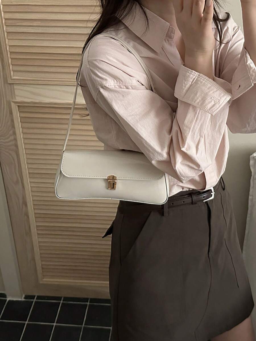 Women's Coffee Brown Shoulder Bag Quiet Luxury Metal Decor Small Underarm Purse - White