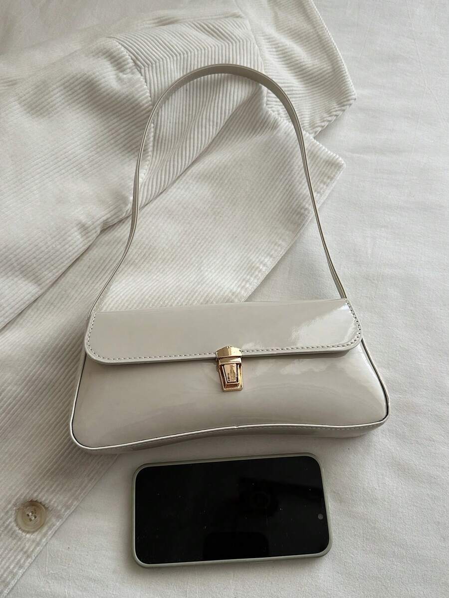 Women's Coffee Brown Shoulder Bag Quiet Luxury Metal Decor Small Underarm Purse - White