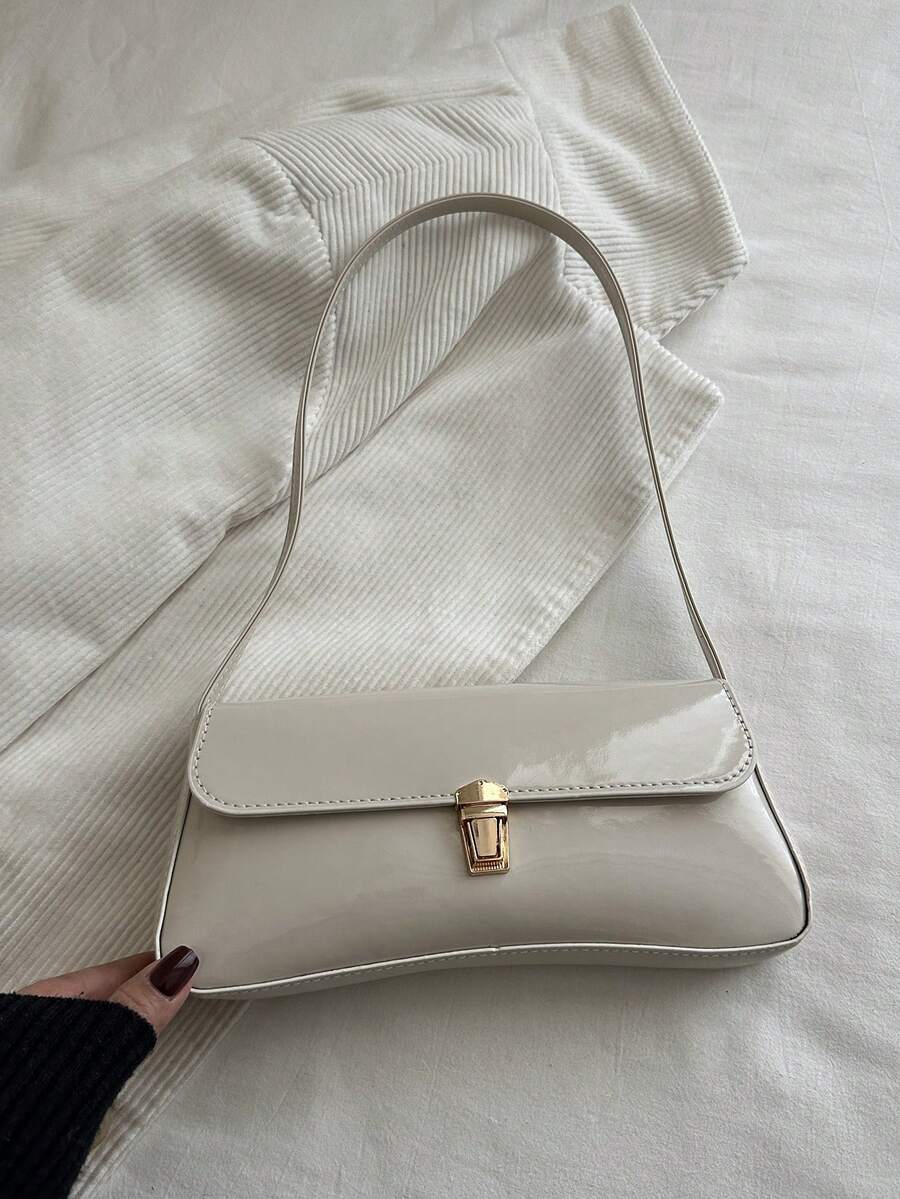 Women's Coffee Brown Shoulder Bag Quiet Luxury Metal Decor Small Underarm Purse - White