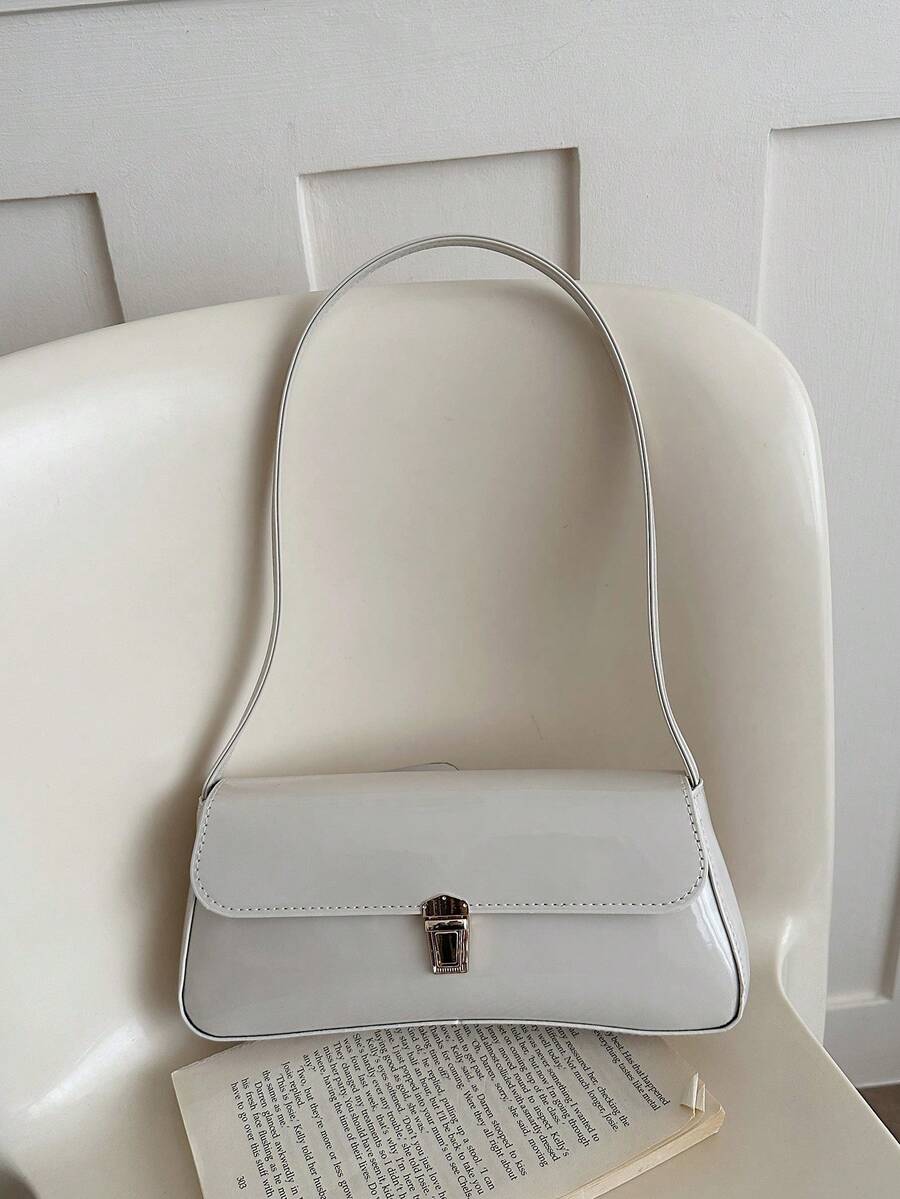 Women's Coffee Brown Shoulder Bag Quiet Luxury Metal Decor Small Underarm Purse - White