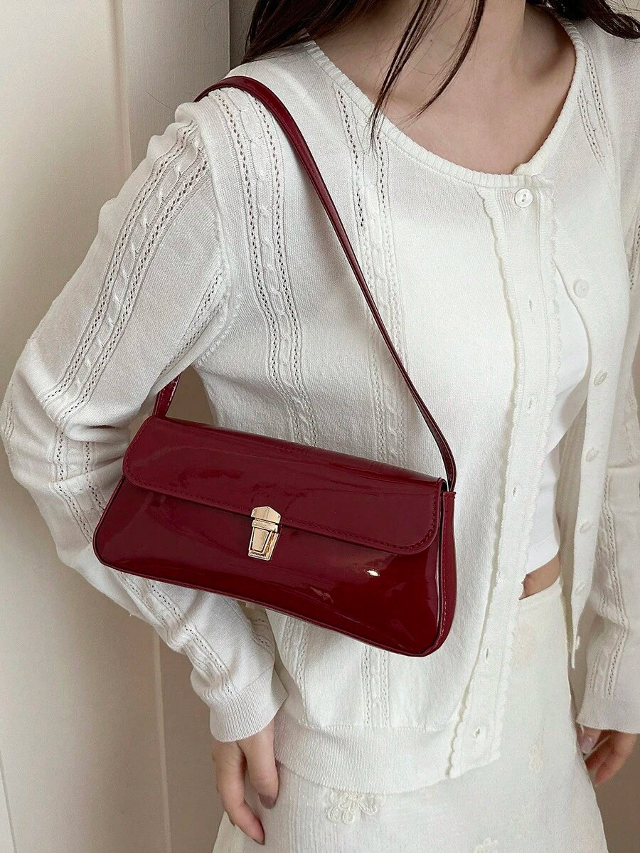 Women's Coffee Brown Shoulder Bag Quiet Luxury Metal Decor Small Underarm Purse - Dark Red