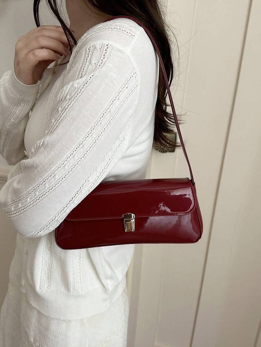 Women's Coffee Brown Shoulder Bag Quiet Luxury Metal Decor Small Underarm Purse - Dark Red