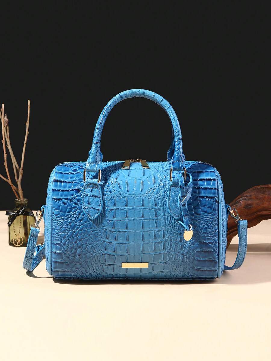 Verbania Croc Embossed Top Handle Boston Bag - Sky Blue
