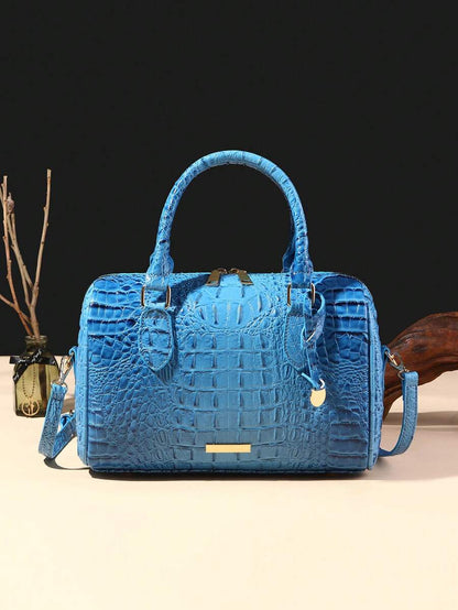 Verbania Croc Embossed Top Handle Boston Bag - Sky Blue