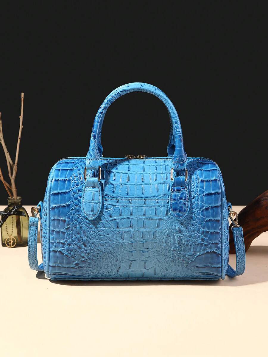 Verbania Croc Embossed Top Handle Boston Bag