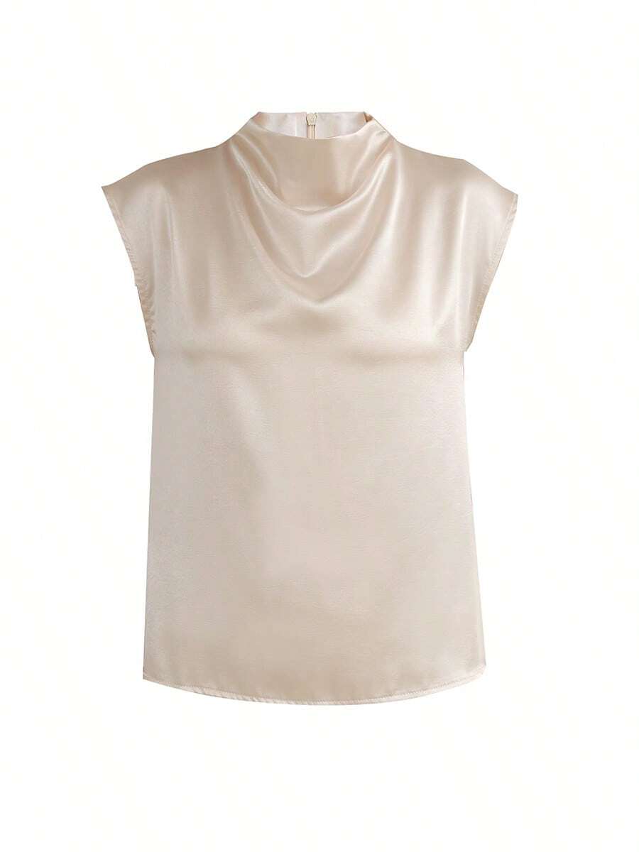 Women's Satin Cowl Neck Sleeveless Blouse, Silky Shell Top for Work and Evening - Black
