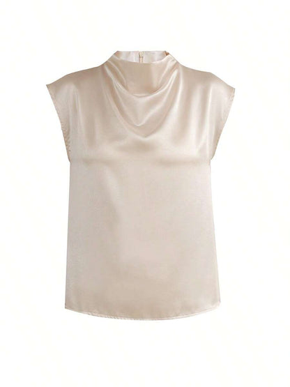 Women's Satin Cowl Neck Sleeveless Blouse, Silky Shell Top for Work and Evening - Black