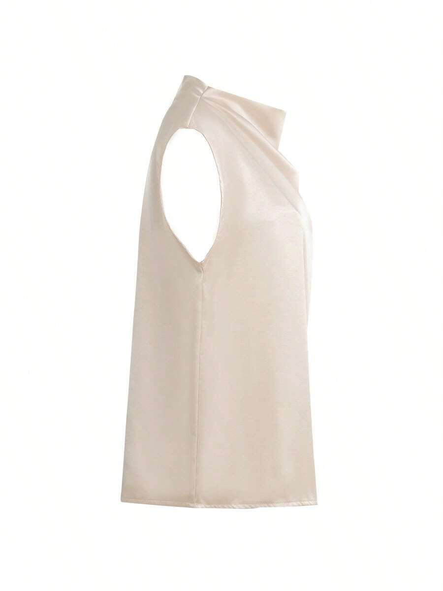 Women's Satin Cowl Neck Sleeveless Blouse, Silky Shell Top for Work and Evening - Black