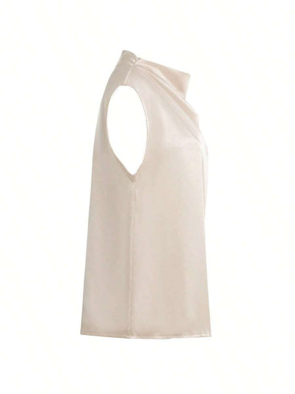 Women's Satin Cowl Neck Sleeveless Blouse, Silky Shell Top for Work and Evening - Black