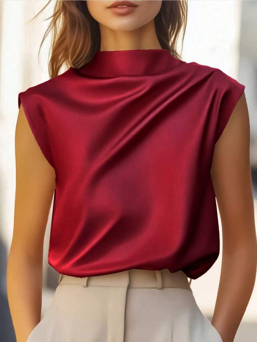 Women's Satin Cowl Neck Sleeveless Blouse, Silky Shell Top for Work and Evening - Black