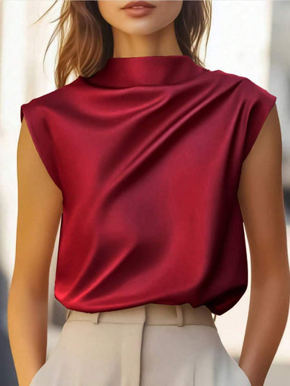 Women's Satin Cowl Neck Sleeveless Blouse, Silky Shell Top for Work and Evening - Black
