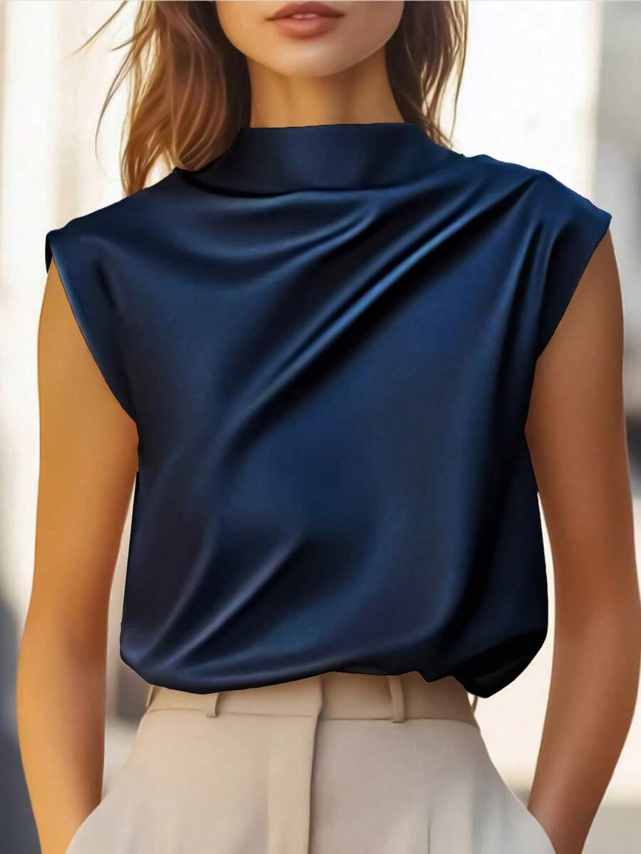 Women's Satin Cowl Neck Sleeveless Blouse, Silky Shell Top for Work and Evening - Black