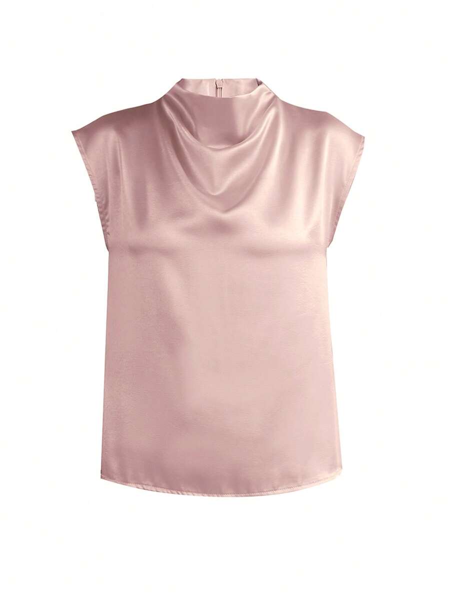 Women's Satin Cowl Neck Sleeveless Blouse, Silky Shell Top for Work and Evening - Black