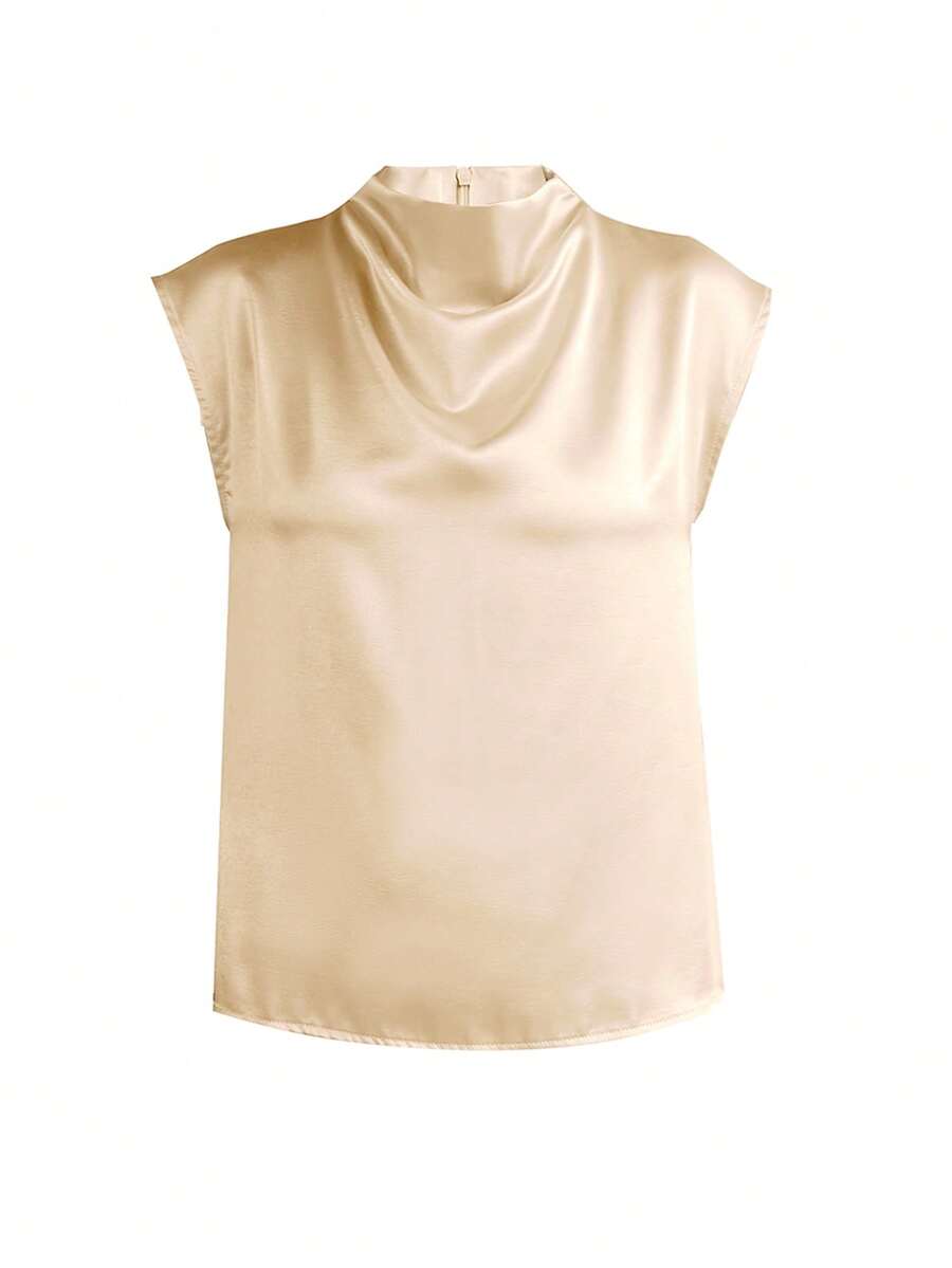 Women's Satin Cowl Neck Sleeveless Blouse, Silky Shell Top for Work and Evening - Black