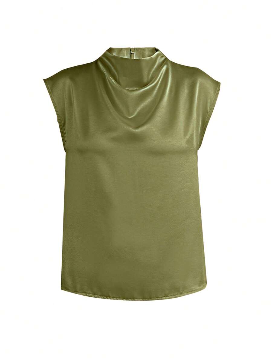 Women's Satin Cowl Neck Sleeveless Blouse, Silky Shell Top for Work and Evening - Black