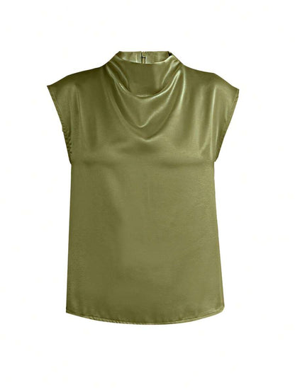Women's Satin Cowl Neck Sleeveless Blouse, Silky Shell Top for Work and Evening - Black