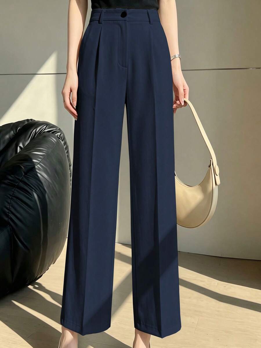 Simone High-Waist Pleated Wide-Leg Trousers with Pockets - Navy Blue
