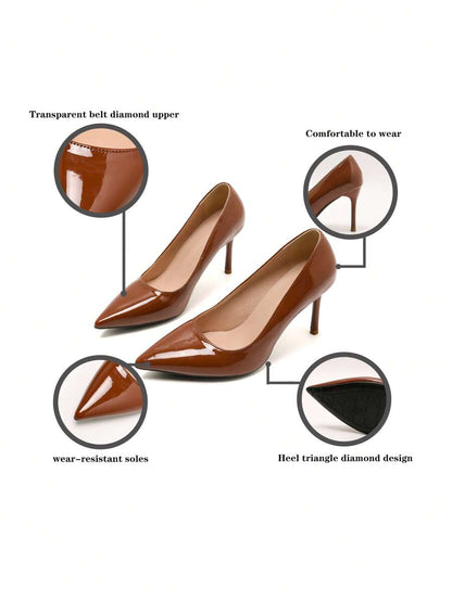 Women's Pointed Toe Patent Stiletto Pumps, Glossy Faux Leather High Heel Dress Shoes for Party and Work