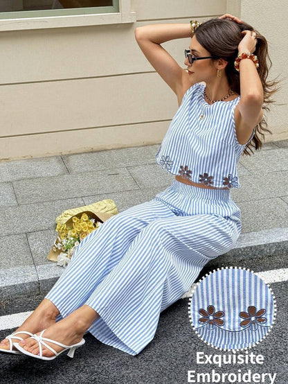 Serisse 2pcs/Set Women Contrast Color Allover Print Casual Sleeveless Top And Loose Fit Wide Leg Pants Summer Blue Vacation Holiday Resort Mensa