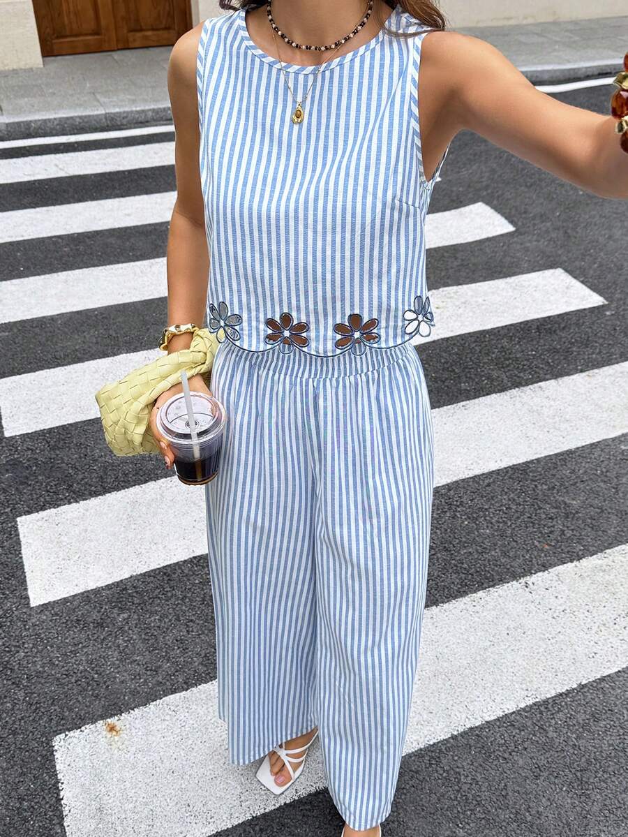 Serisse 2pcs/Set Women Contrast Color Allover Print Casual Sleeveless Top And Loose Fit Wide Leg Pants Summer Blue Vacation Holiday Resort Mensa