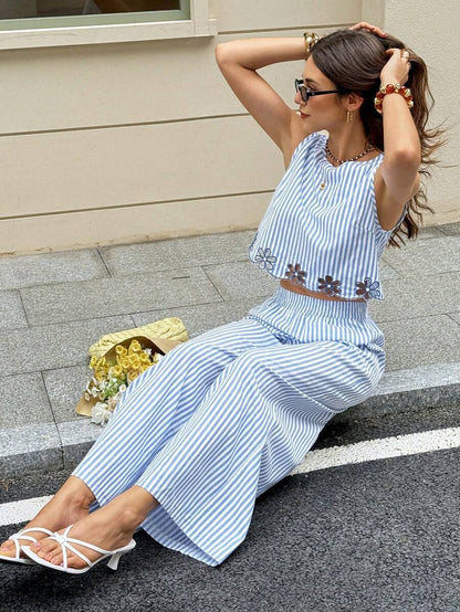 Serisse 2pcs/Set Women Contrast Color Allover Print Casual Sleeveless Top And Loose Fit Wide Leg Pants Summer Blue Vacation Holiday Resort Mensa