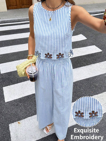 Serisse 2pcs/Set Women Contrast Color Allover Print Casual Sleeveless Top And Loose Fit Wide Leg Pants Summer Blue Vacation Holiday Resort Mensa