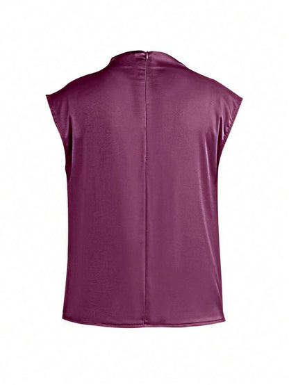 Women's Satin Cowl Neck Sleeveless Blouse, Silky Shell Top for Work and Evening - Black