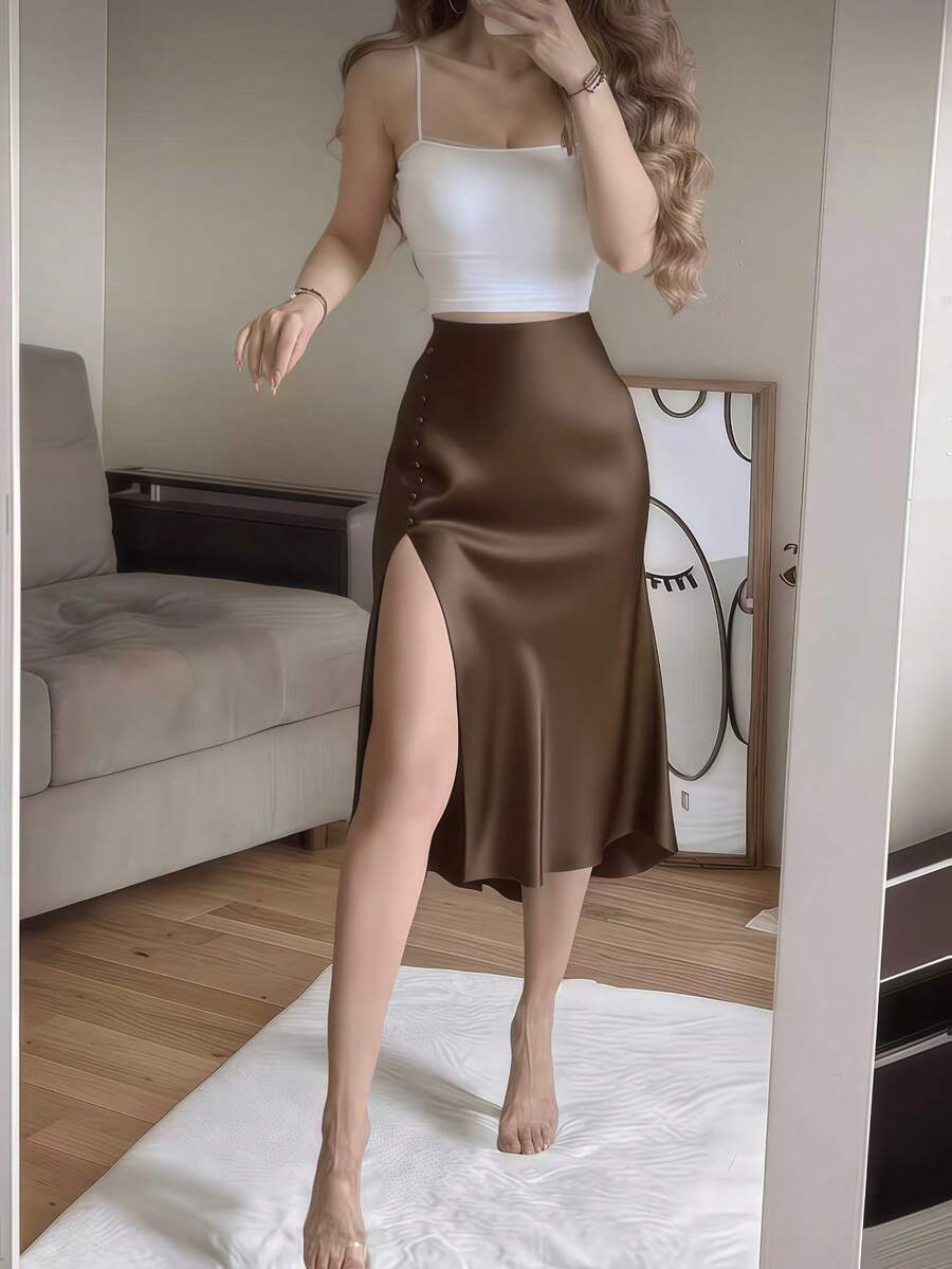 Women's Satin High Slit Midi Skirt, Silky Slip Skirt for Evening and Wedding Guest - Coffee Brown