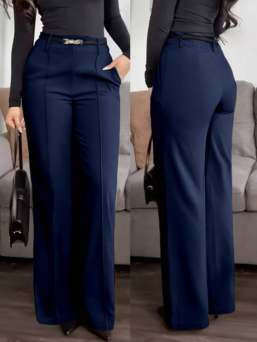 Honora High Waist Seamed Straight Leg Trousers - Navy Blue