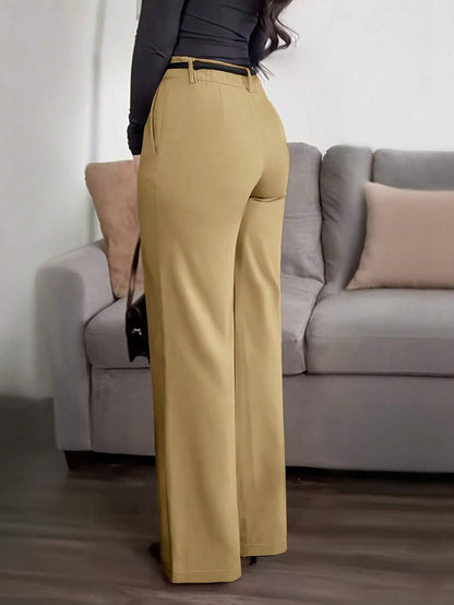 Honora High Waist Seamed Straight Leg Trousers - Khaki