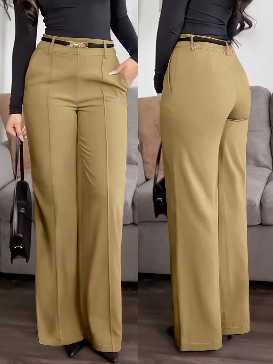 Honora High Waist Seamed Straight Leg Trousers - Khaki