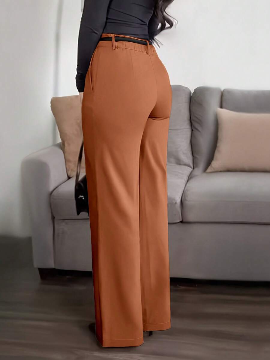 Honora High Waist Seamed Straight Leg Trousers - Cognac Brown