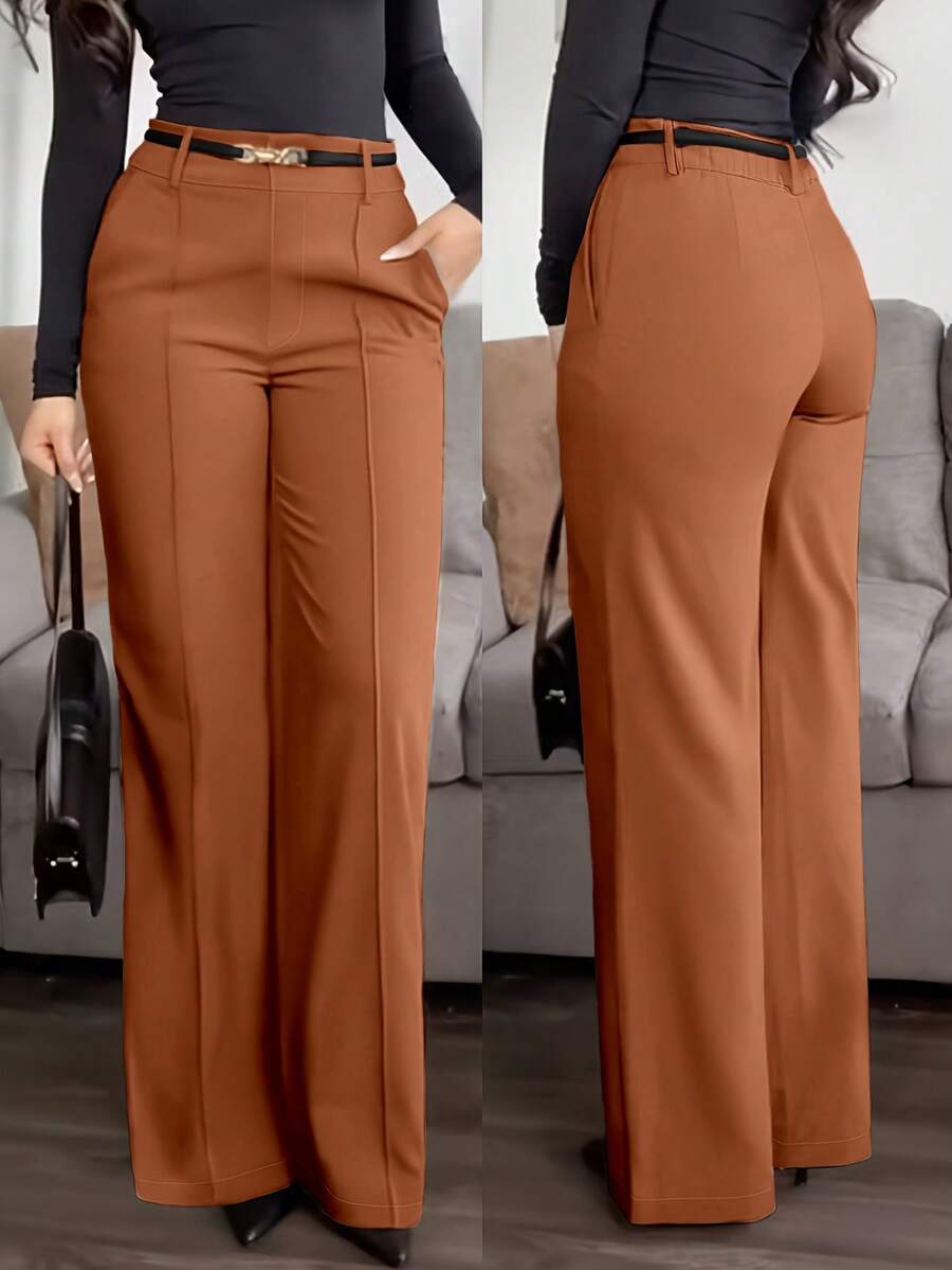 Honora High Waist Seamed Straight Leg Trousers - Cognac Brown