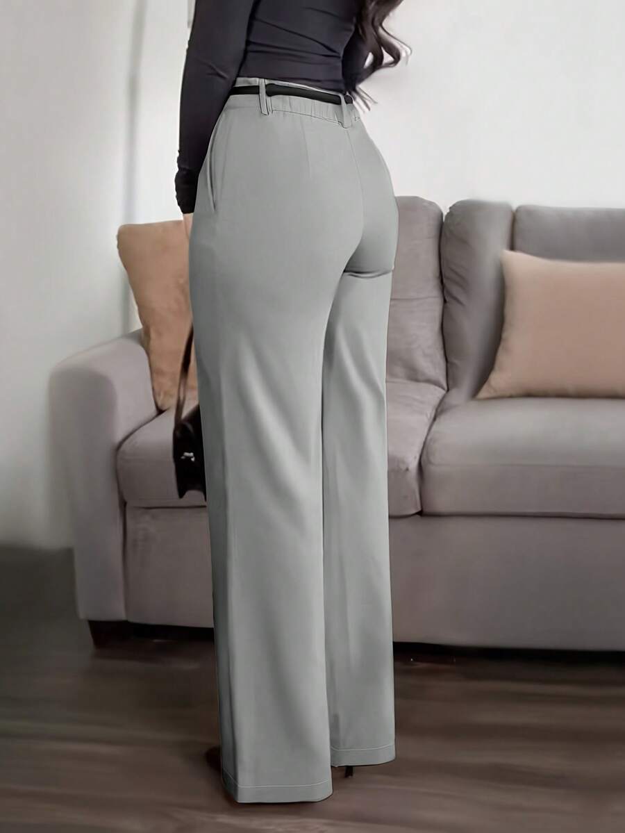 Honora High Waist Seamed Straight Leg Trousers - Light Grey