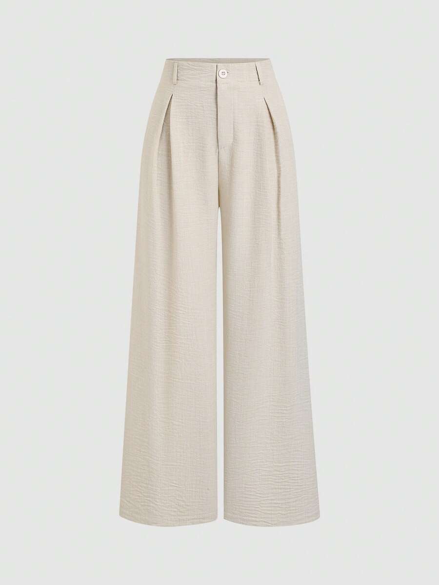 Katya Pleated Wide Leg Pants Tailored High Rise Trousers - Oatmeal