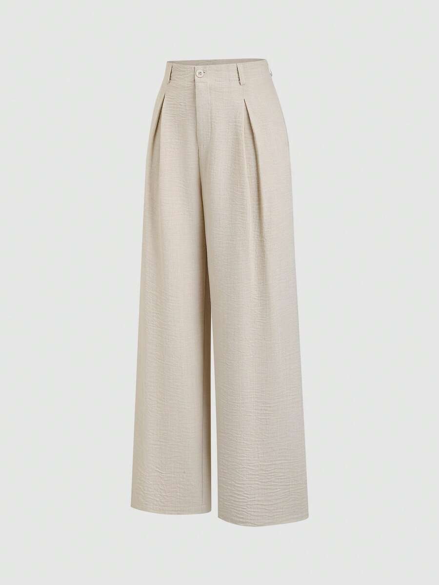 Katya Pleated Wide Leg Pants Tailored High Rise Trousers - Oatmeal