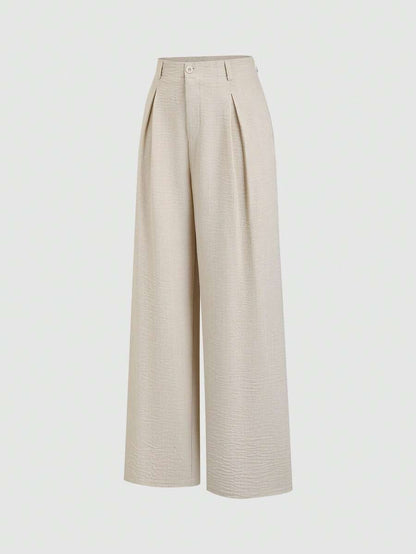 Katya Pleated Wide Leg Pants Tailored High Rise Trousers - Oatmeal
