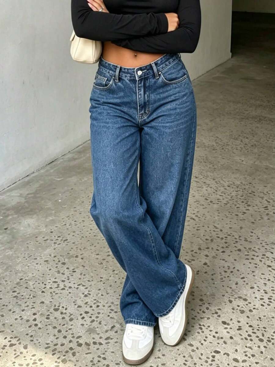 Chelsea Mid Rise Loose Straight Leg Boyfriend Jeans - Dark Wash