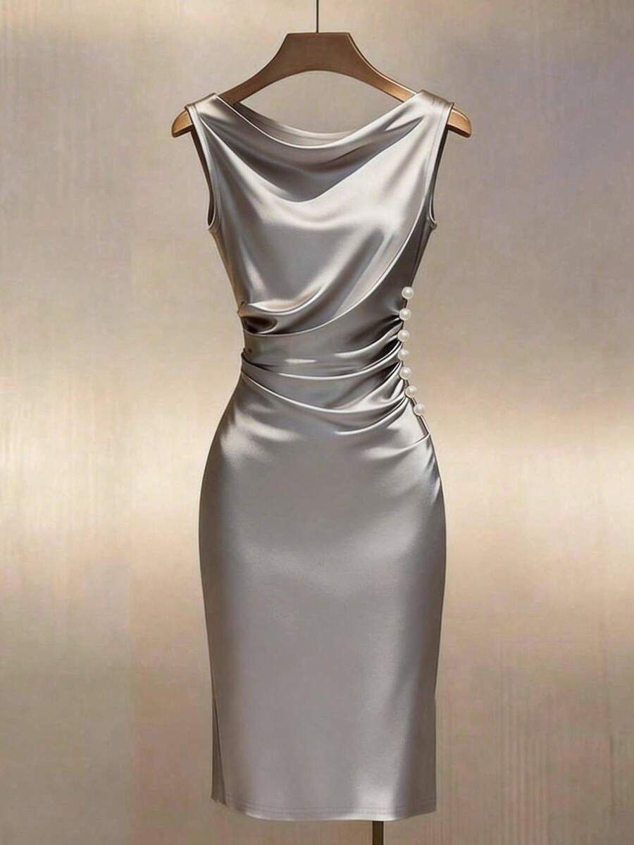 Women's Satin Cowl Neck Midi Dress, Ruched Silky Dress for Wedding Guest and Evening - Champagne